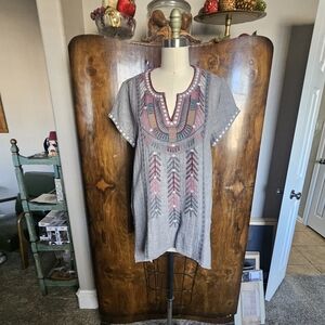 Johnny Was Gray Tunic with Pink Embroidery